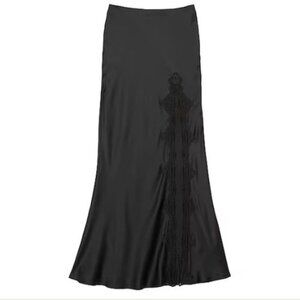 New! Victoria’s Secret Black Satin Lace-Trim Slip Maxi Skirt XS 54074
